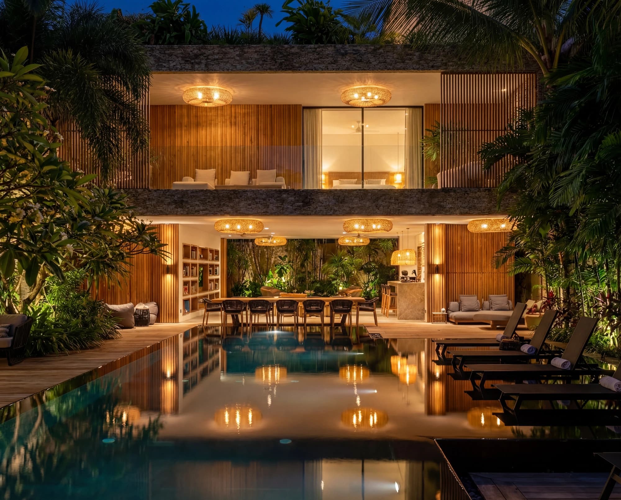 A Villa Oasis ao entardecer, interiores iluminados atrás da piscina.